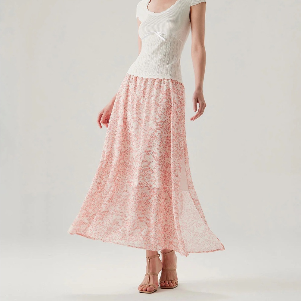 Rihoas Pink Floral Elastic Waist Flared Skirt - Picture 2 of 8